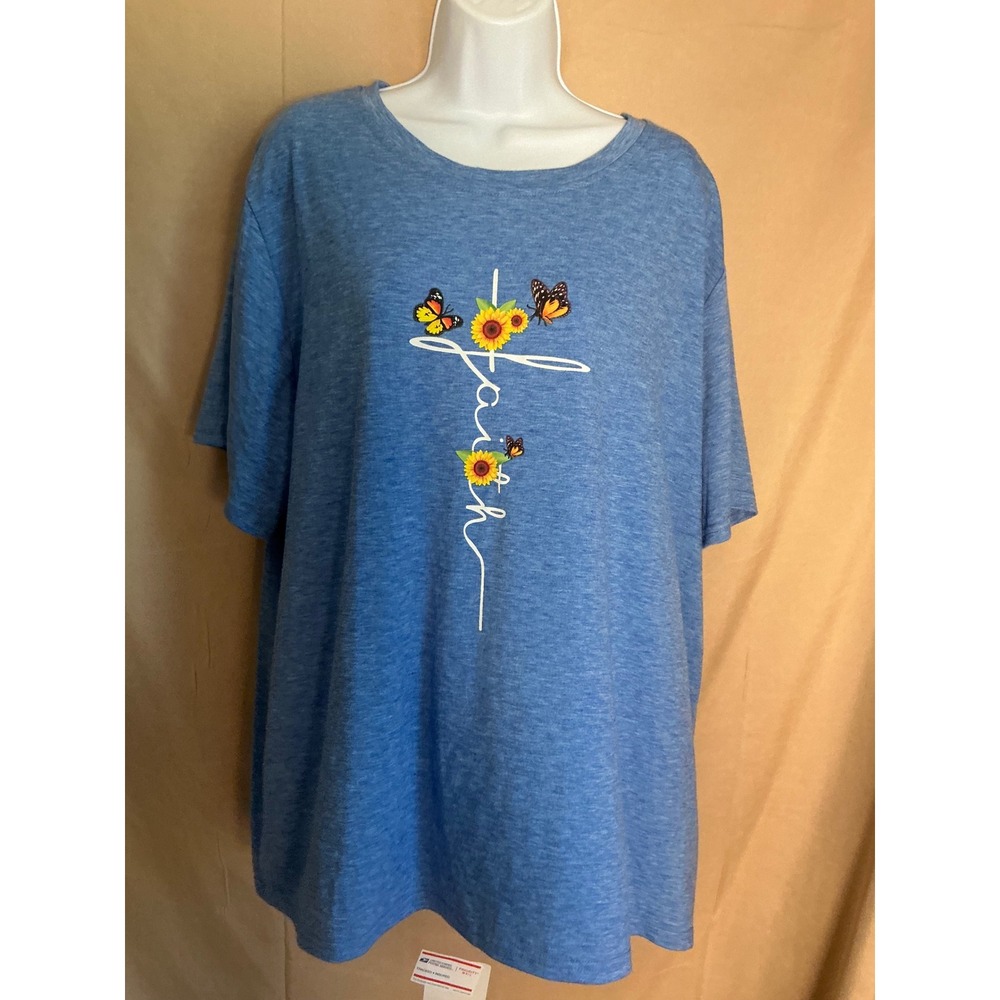 Unbranded T-Shirt Women 3XL Blue Excellent Faith Sunflower Butterfly Graphic